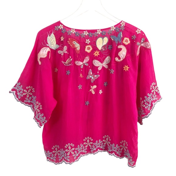 Johnny Was | Butterfly & Floral Embroidered Pink Short Sleeve Bellona Blouse - Picture 7 of 11